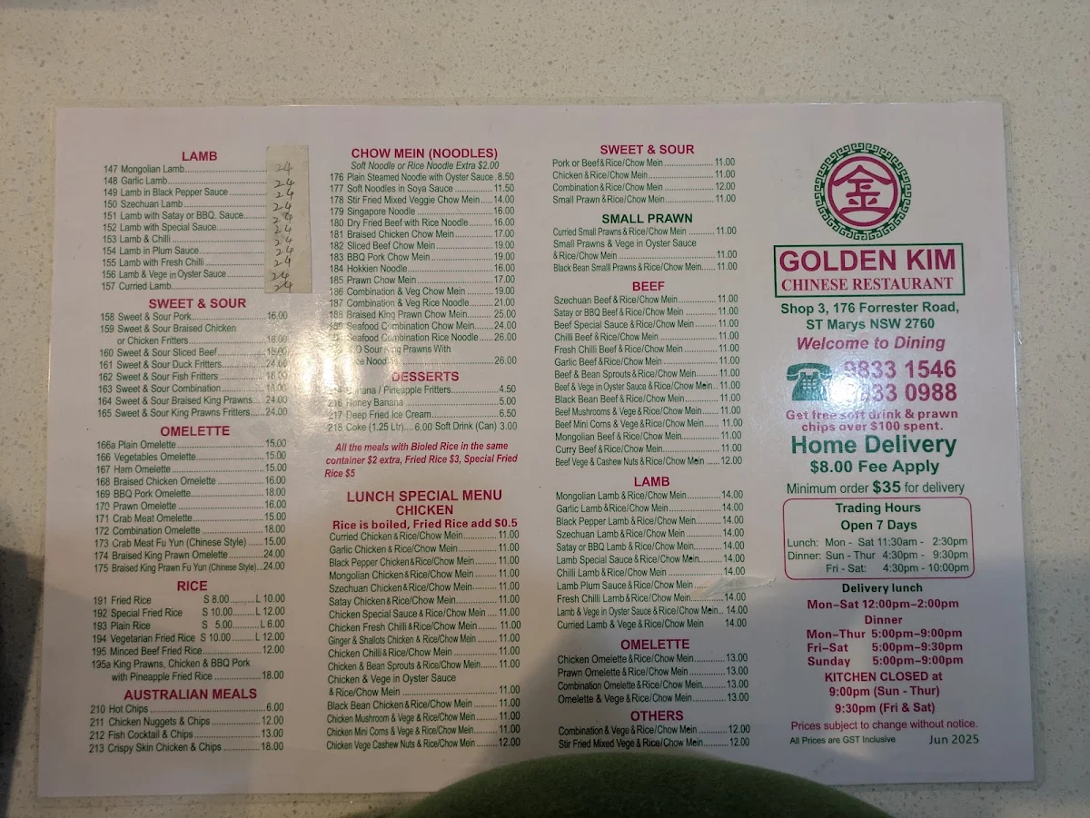 Menu, GOLDEN KIM Chinese Restaurant