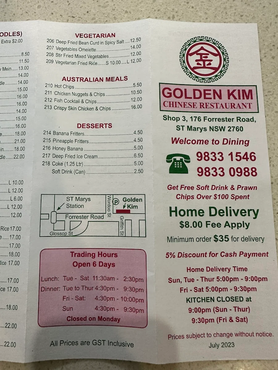 Menu, GOLDEN KIM Chinese Restaurant