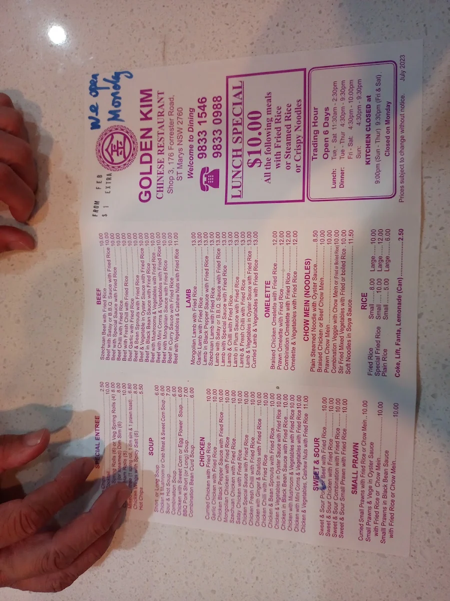 Menu, GOLDEN KIM Chinese Restaurant