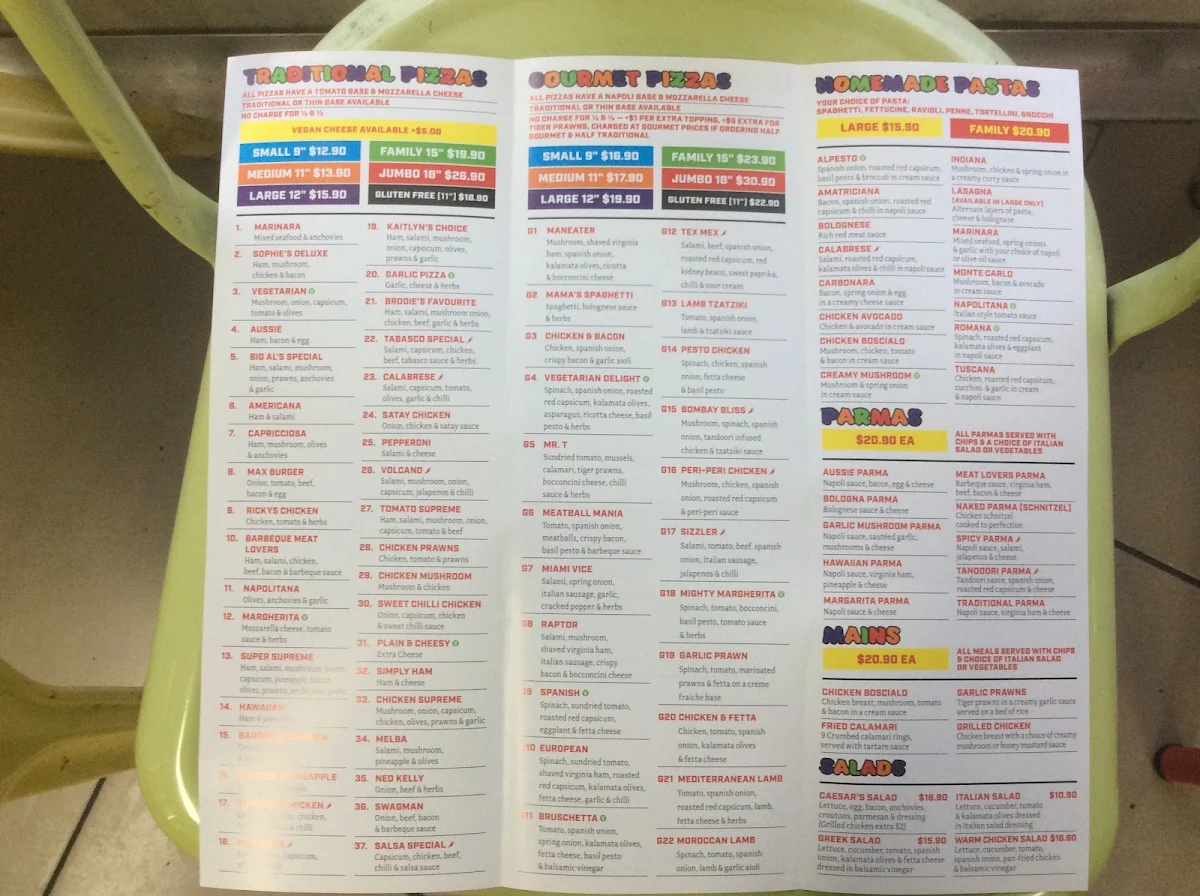 Menu, Big Al's Pizza - Mount Evelyn