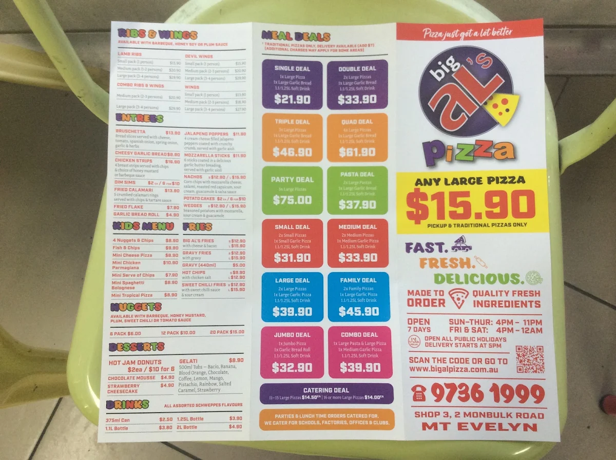 Menu, Big Al's Pizza - Mount Evelyn