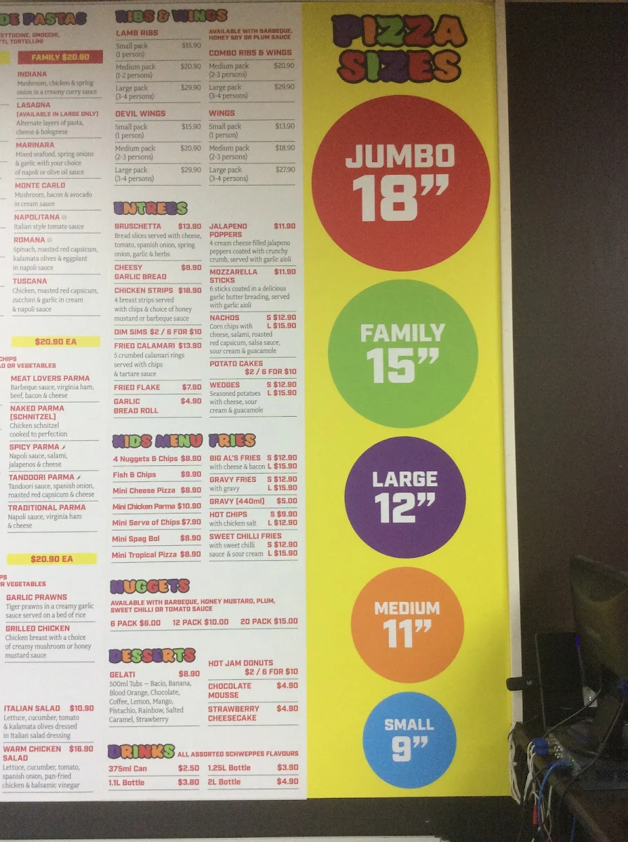 Menu, Big Al's Pizza - Mount Evelyn