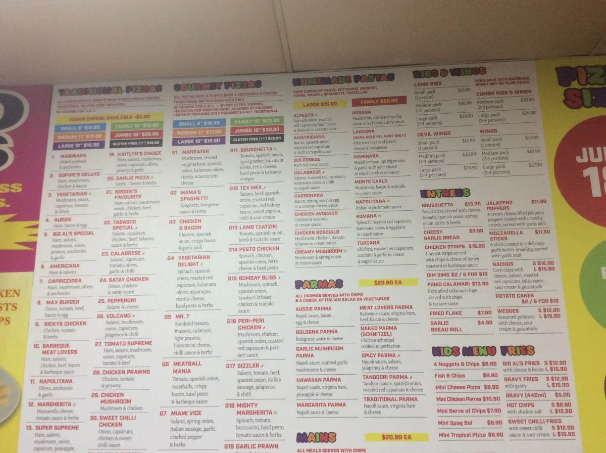 Menu, Big Al's Pizza - Mount Evelyn