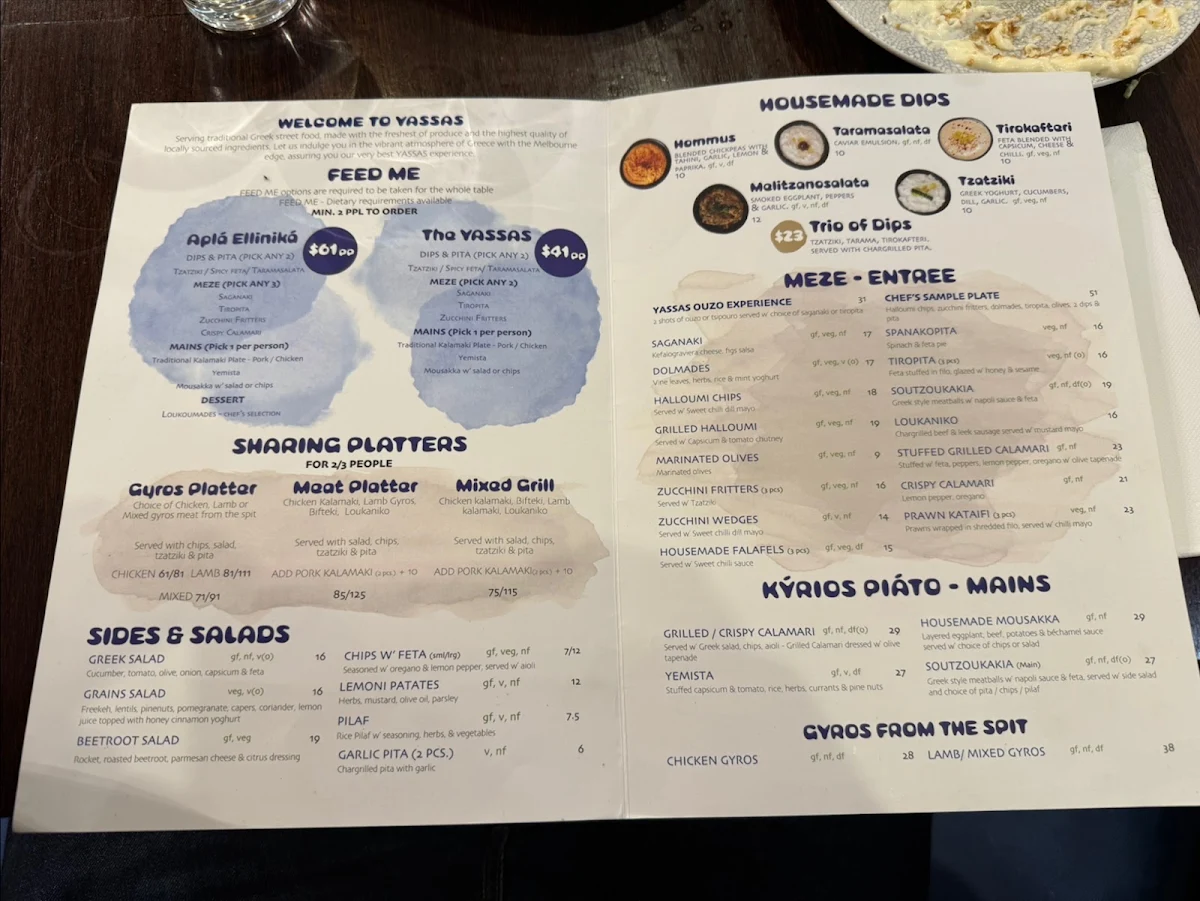 Menu, YASSAS - THE GREEK WAY (DOCKLANDS)