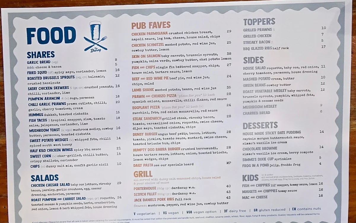 Menu, Dunsborough Tavern