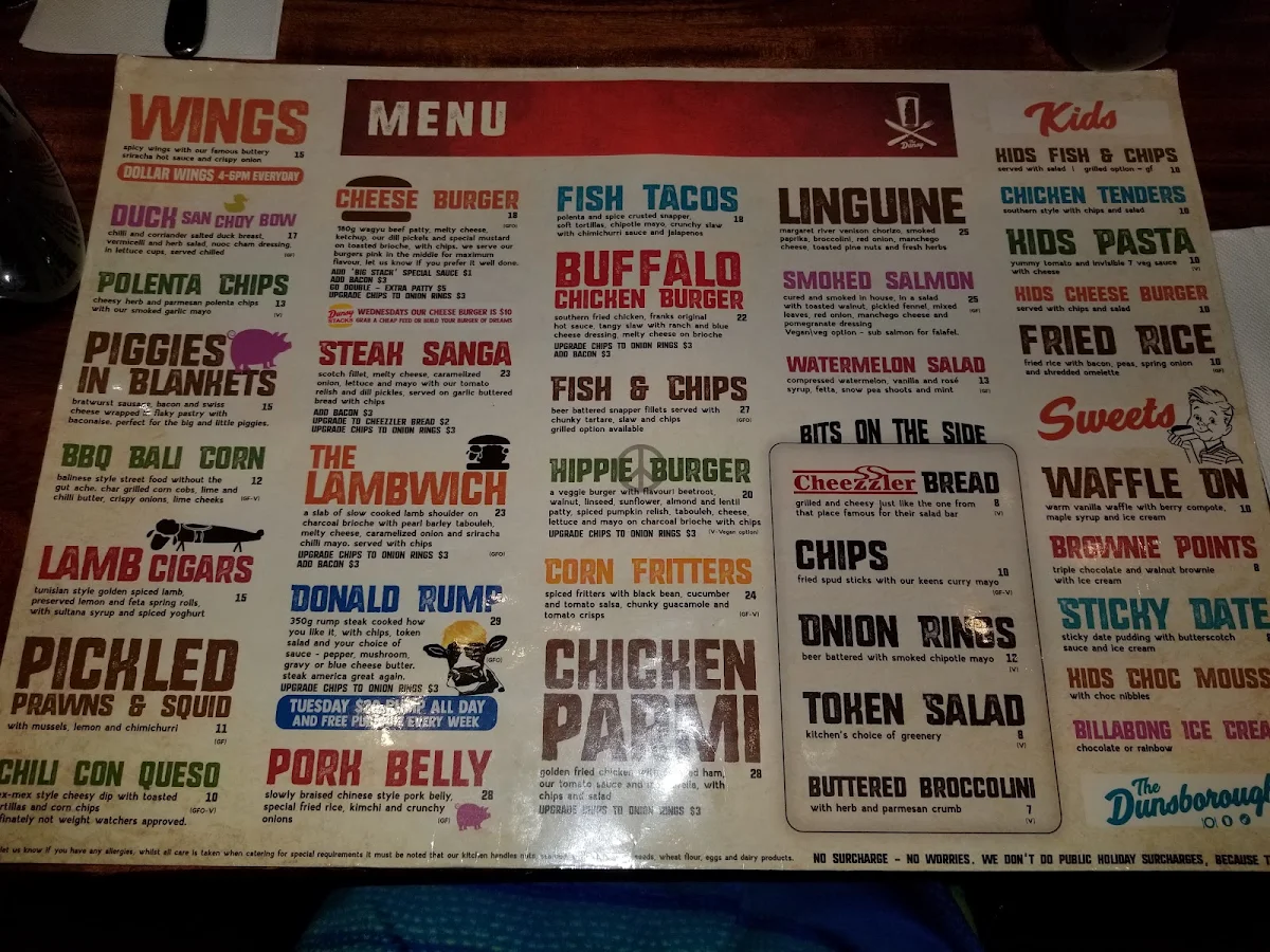 Menu, Dunsborough Tavern