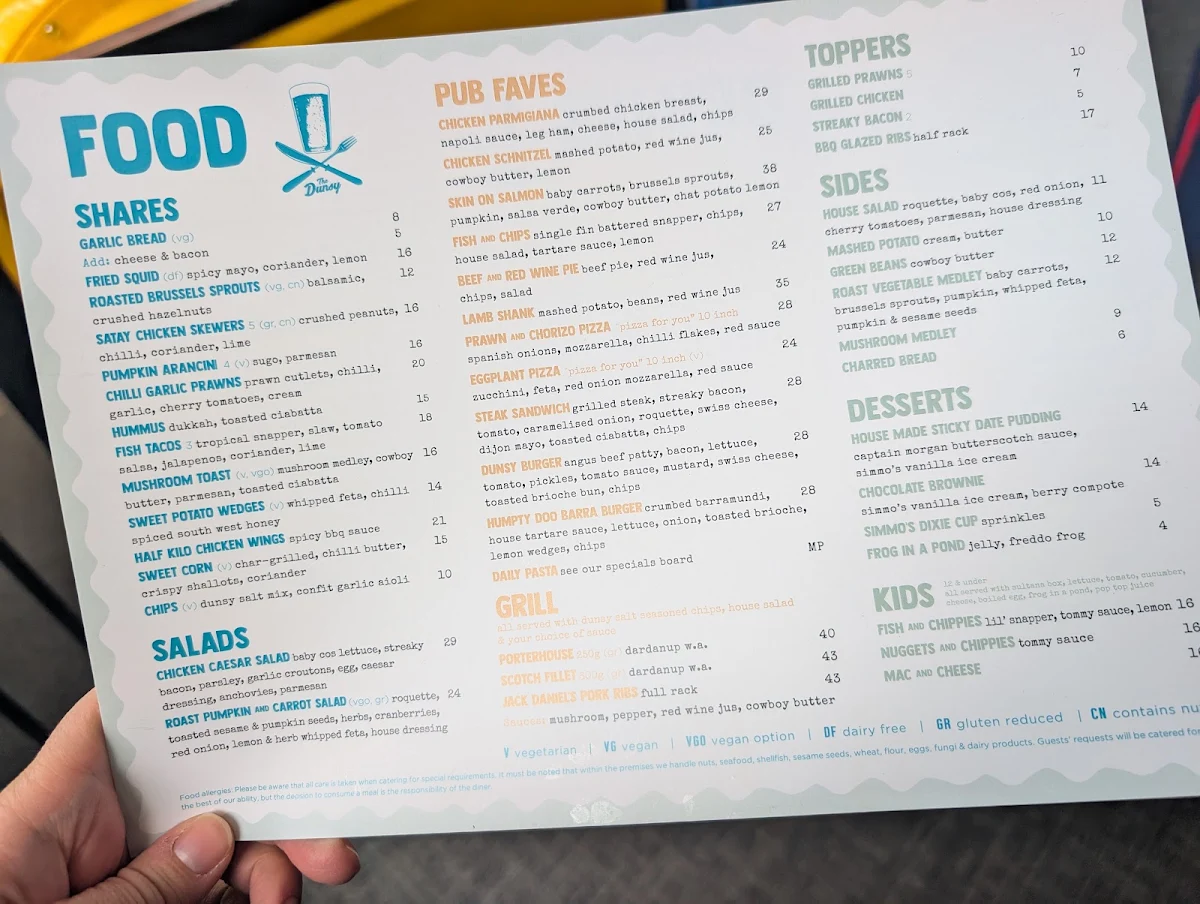 Menu, Dunsborough Tavern