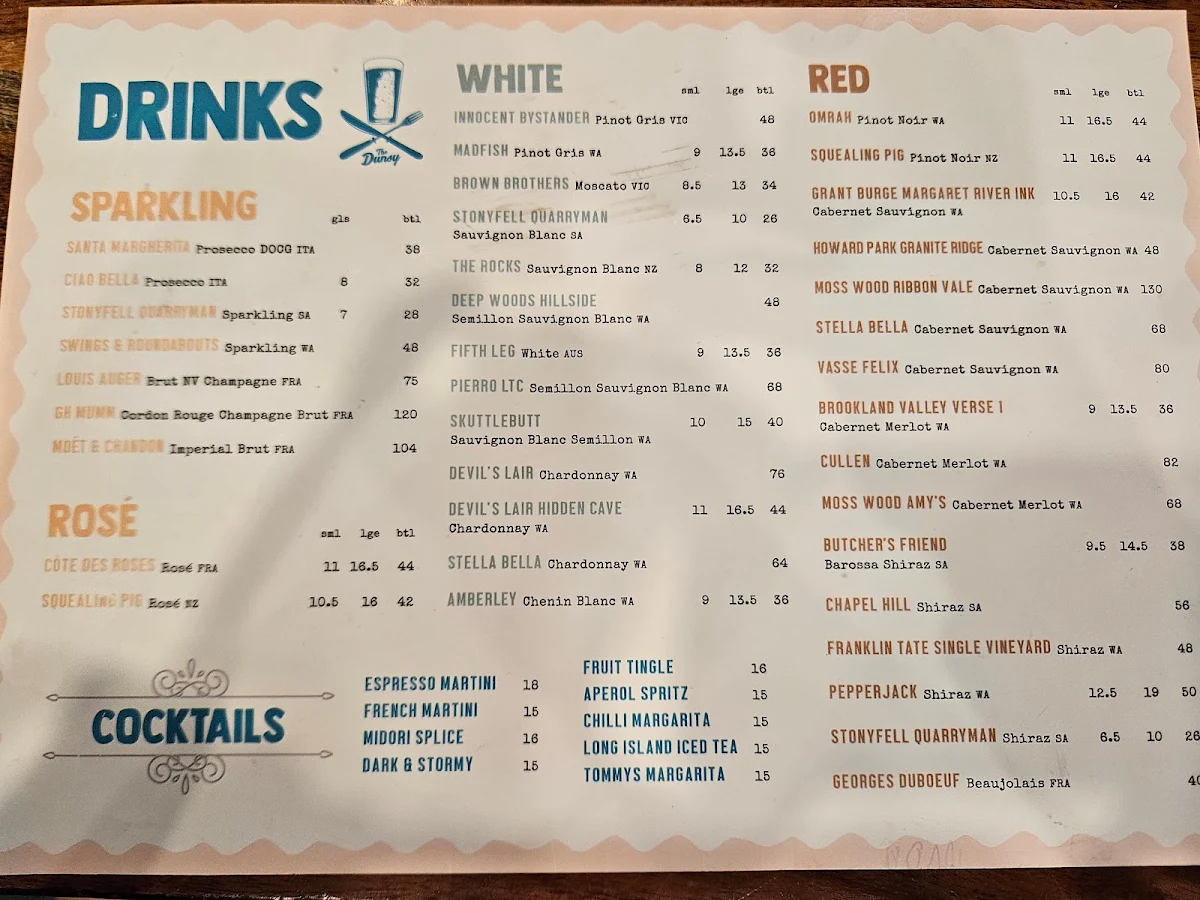 Menu, Dunsborough Tavern