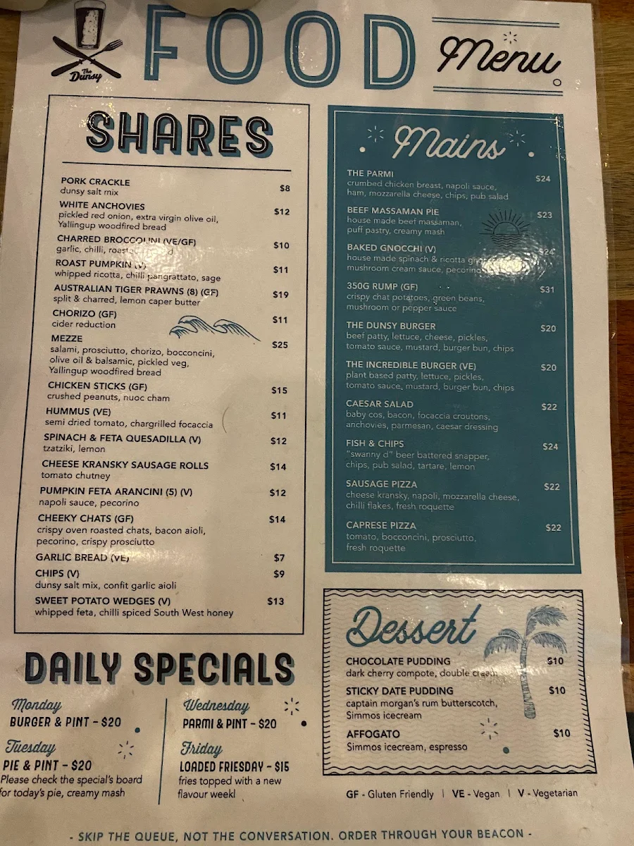 Menu, Dunsborough Tavern