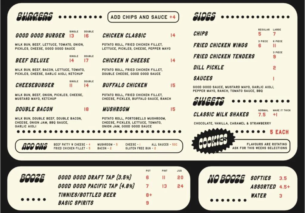 Menu, Good Good Burgers Maidstone