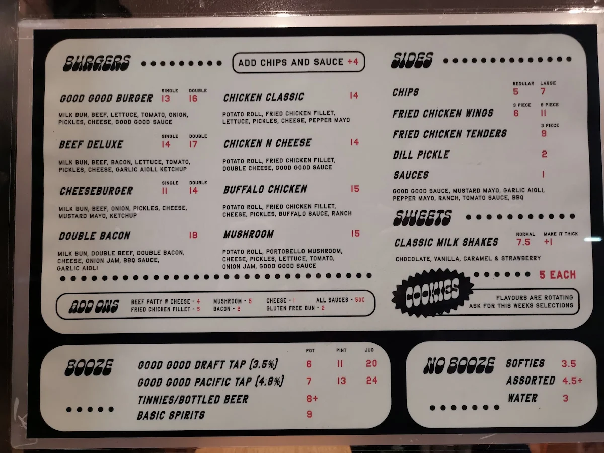 Menu, Good Good Burgers Maidstone
