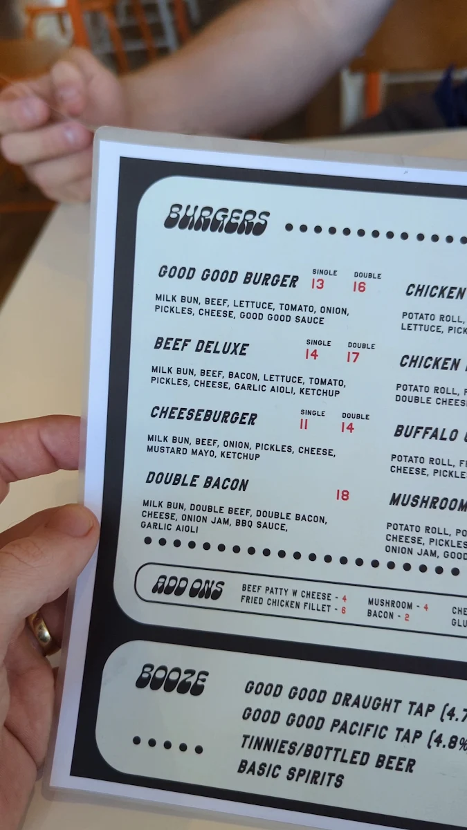 Menu, Good Good Burgers Maidstone
