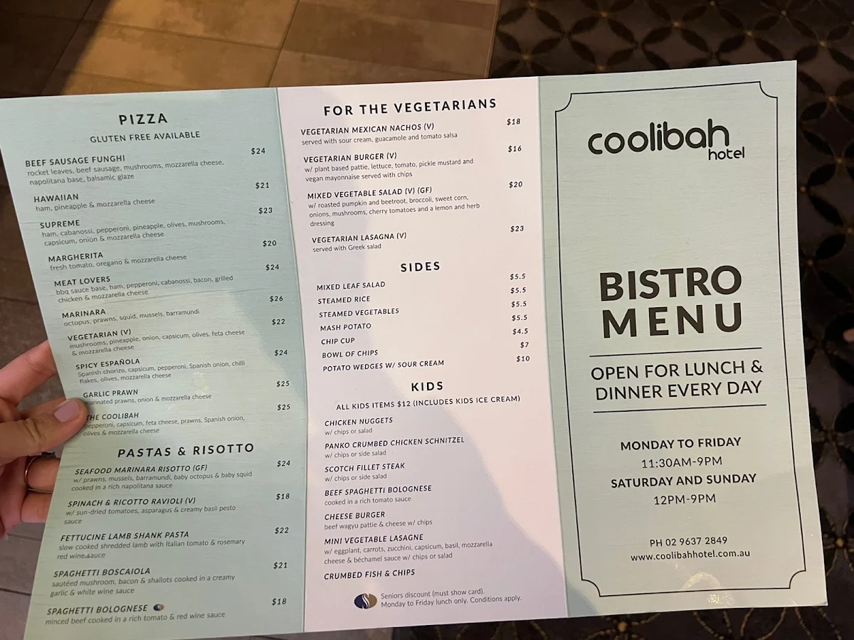 Menu, Coolibah Hotel