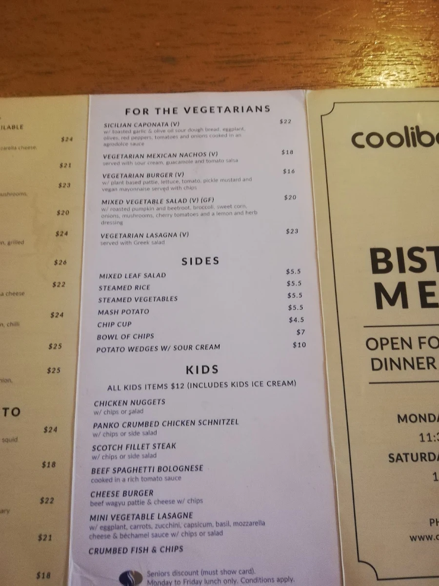 Menu, Coolibah Hotel