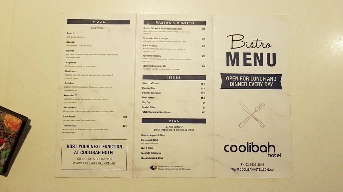 Menu, Coolibah Hotel