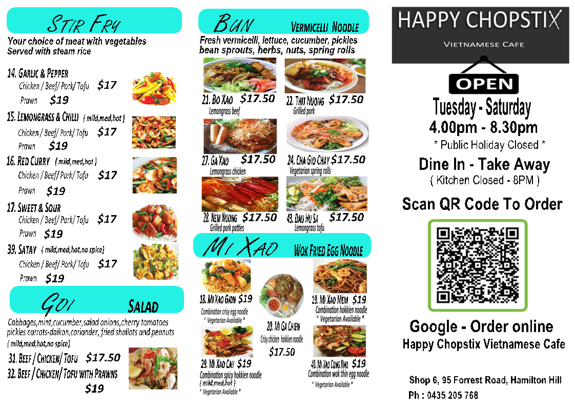 Menu, Happy Chopstix Vietnamese Cafe