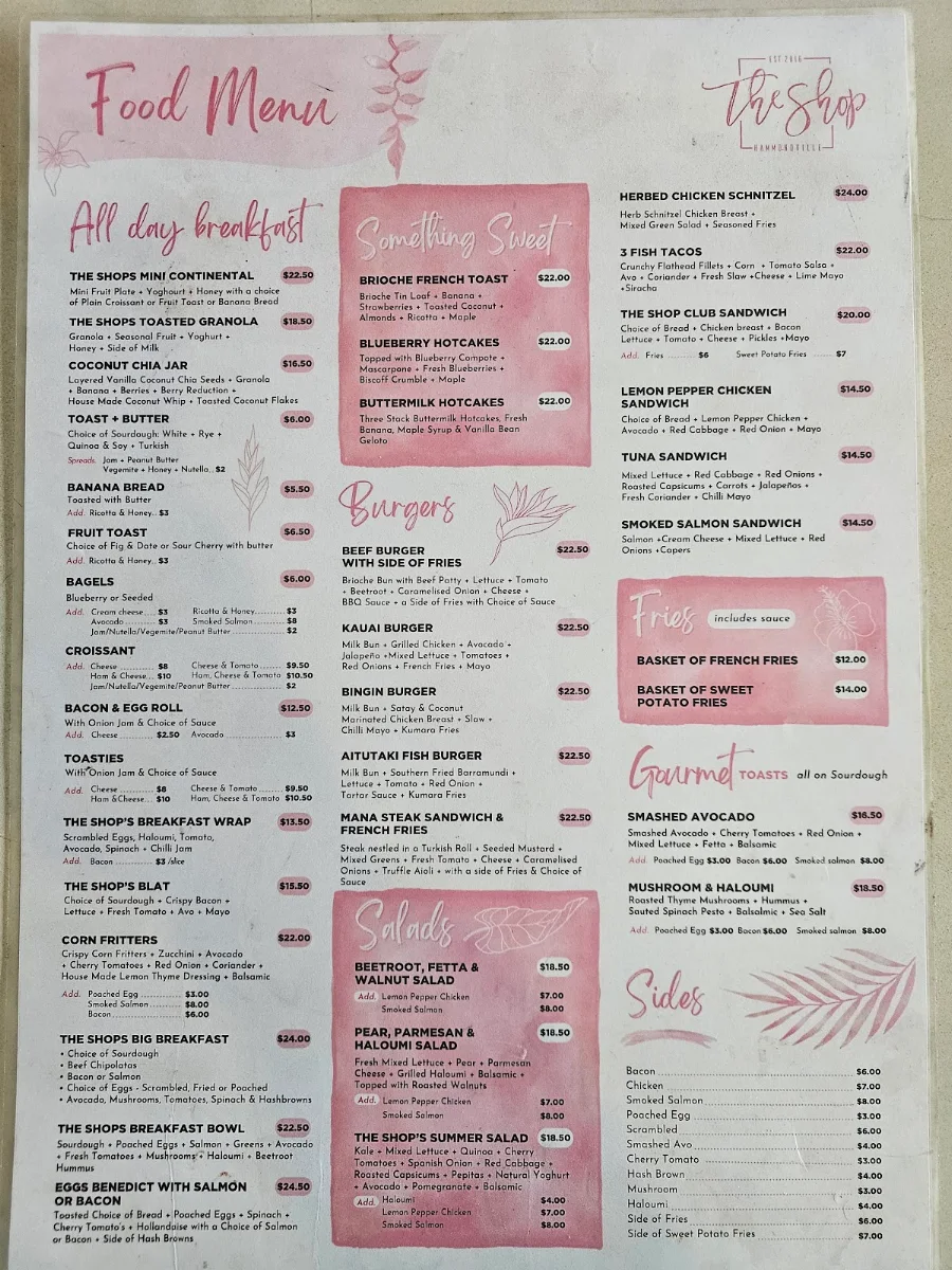 Menu, The Shop Hammondville