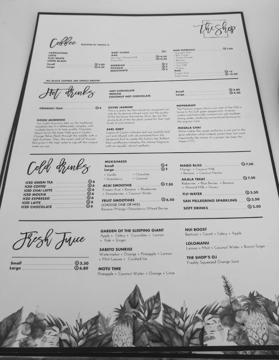 Menu, The Shop Hammondville