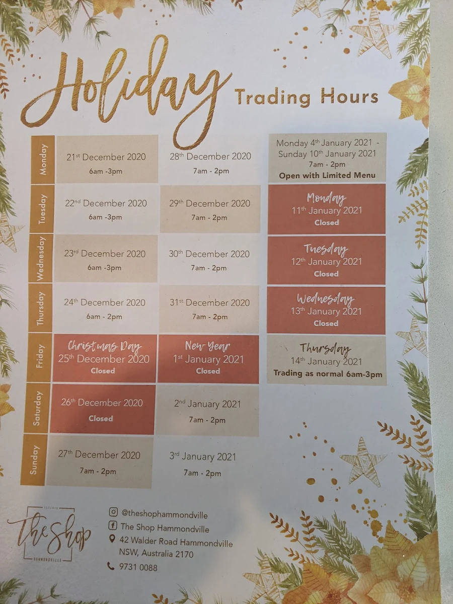 Menu, The Shop Hammondville