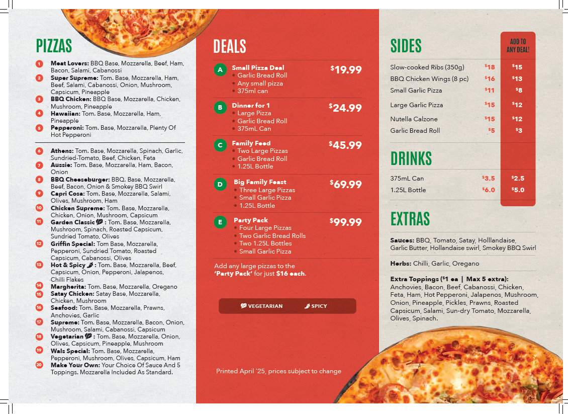Menu, Griffin Pizza