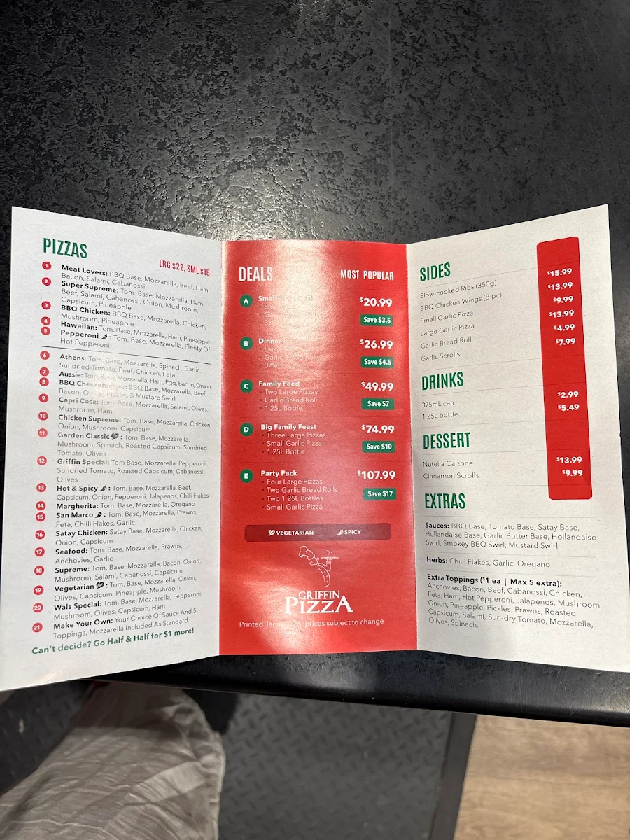 Menu, Griffin Pizza