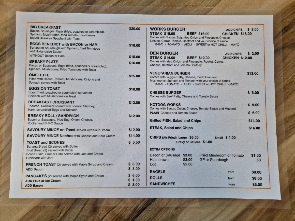 Menu, Burnside Coffee Den