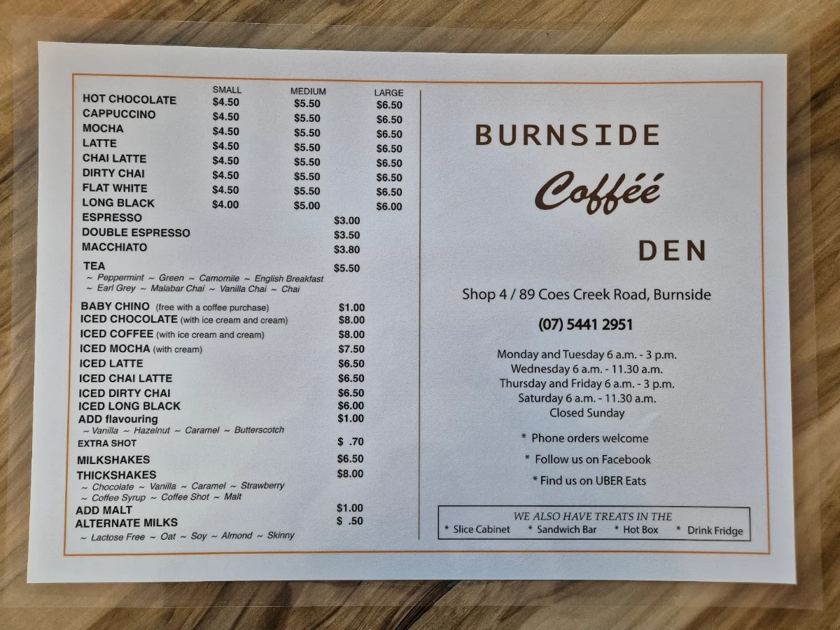 Menu, Burnside Coffee Den