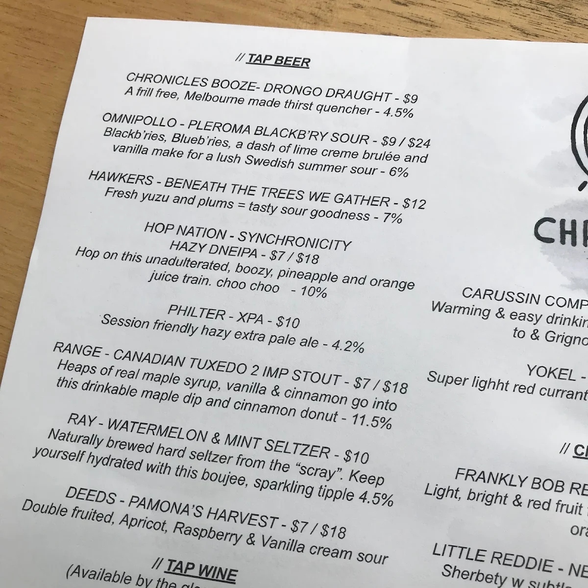 Menu, Chronicles Bar