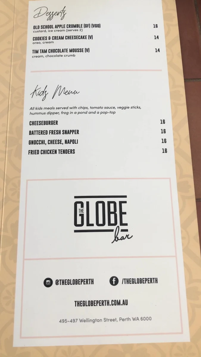 Menu, The Globe