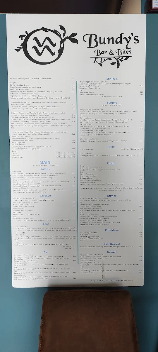 Menu, Bundy's Bar & Bites