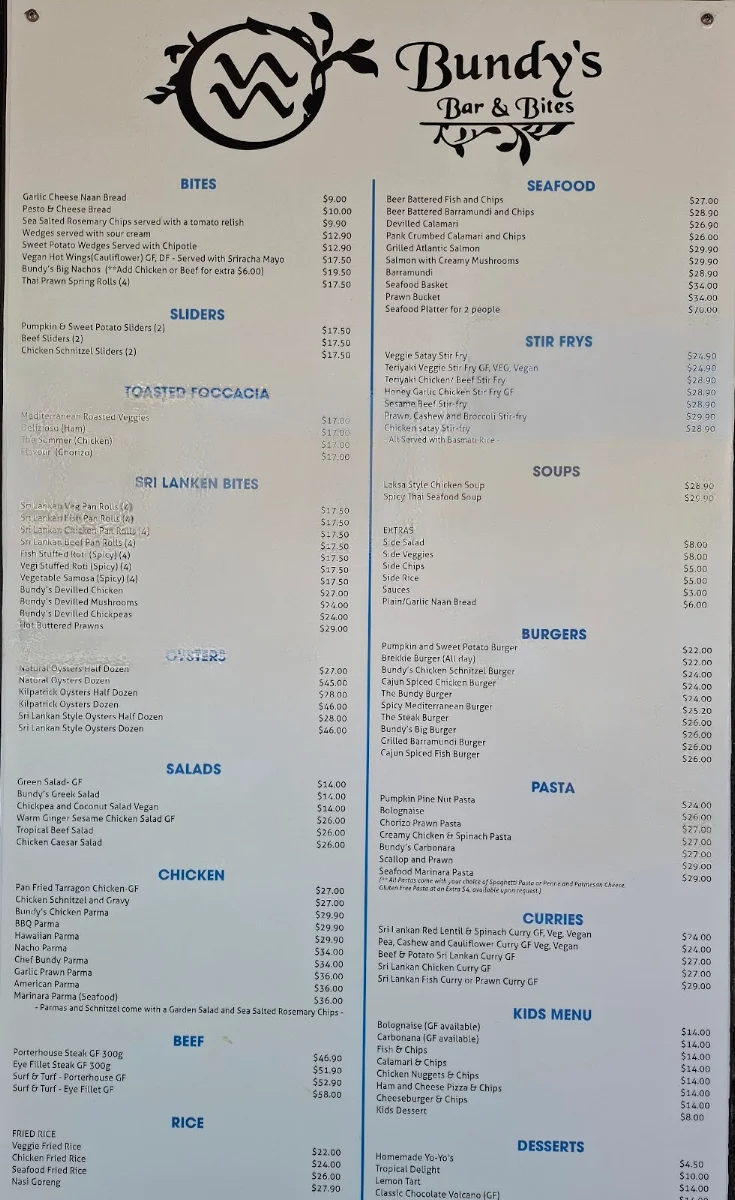 Menu, Bundy's Bar & Bites