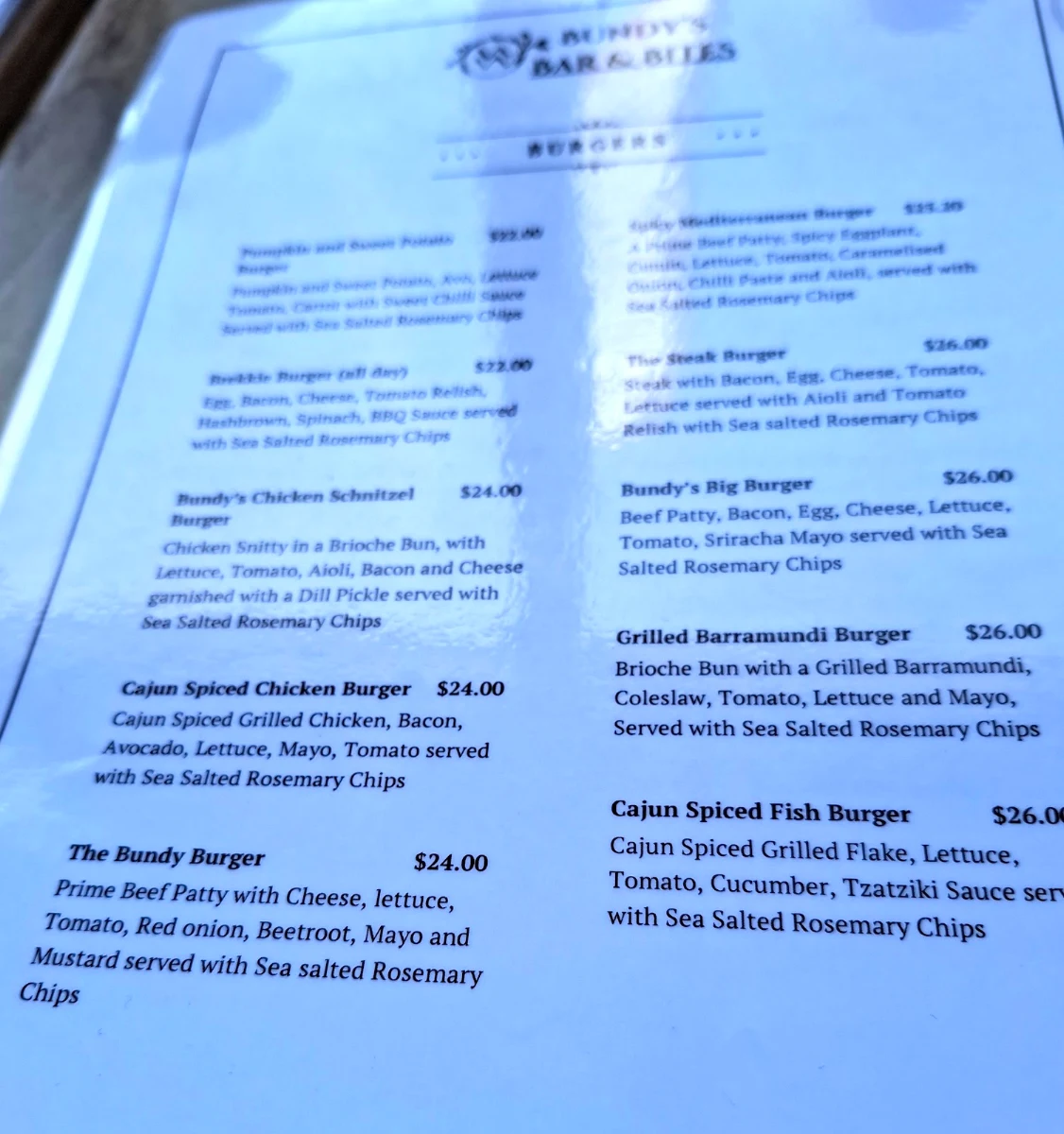 Menu, Bundy's Bar & Bites