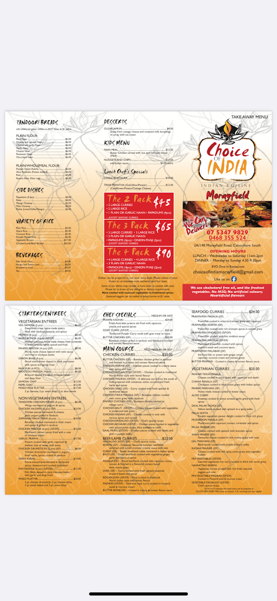 Menu, Choice of India morayfield