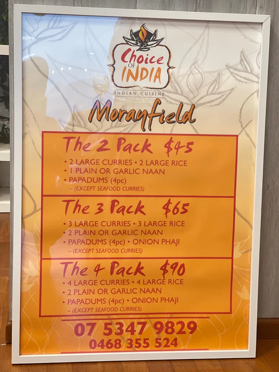 Menu, Choice of India morayfield