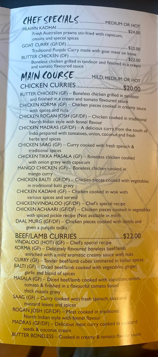 Menu, Choice of India morayfield