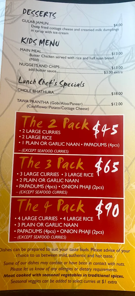 Menu, Choice of India morayfield