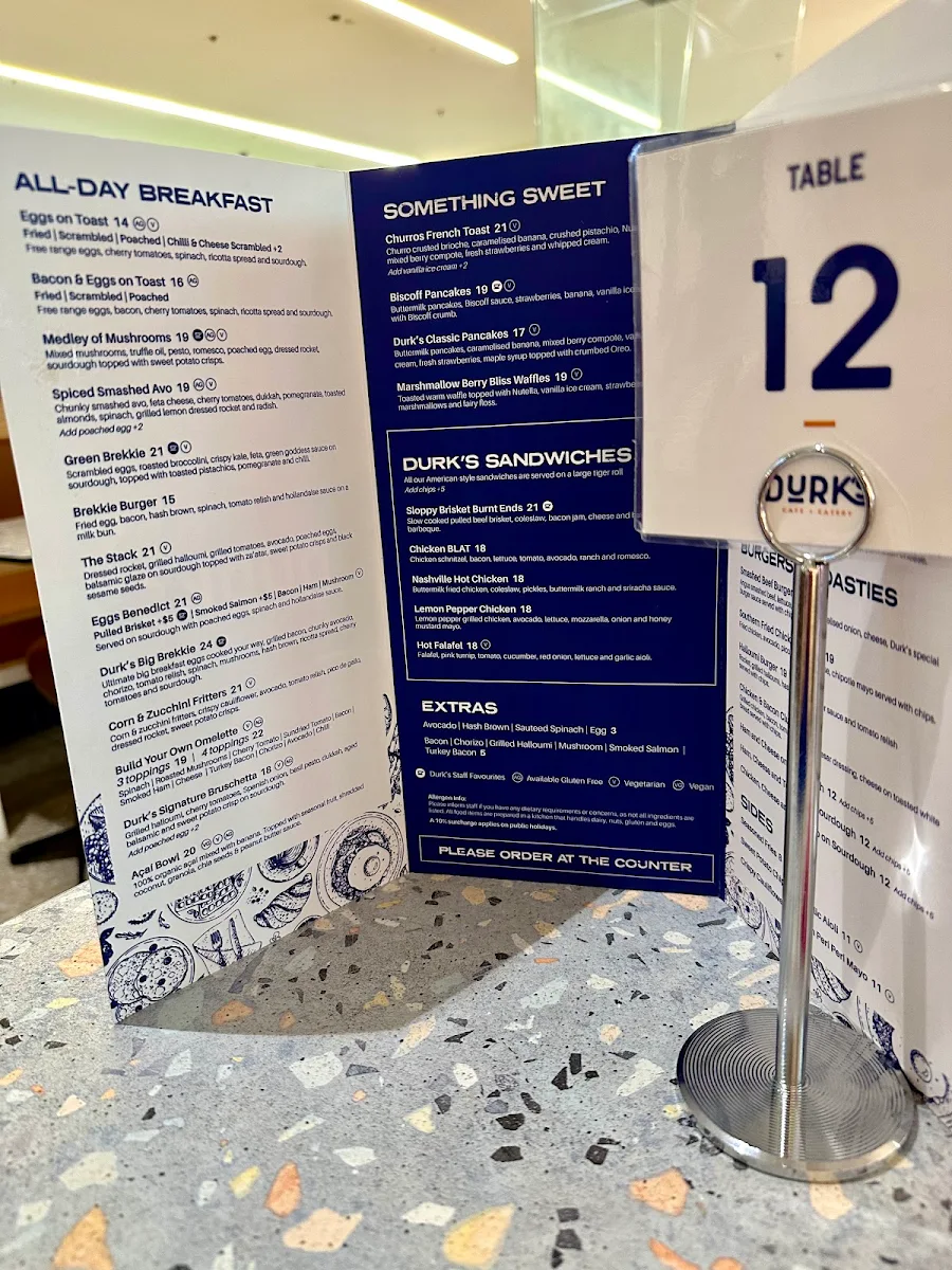 Menu, Durk's Cafe + Eatery Shellharbour