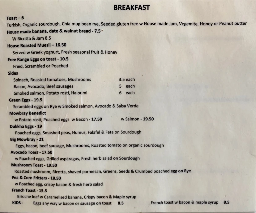 Menu, MOWBRAY EATERY