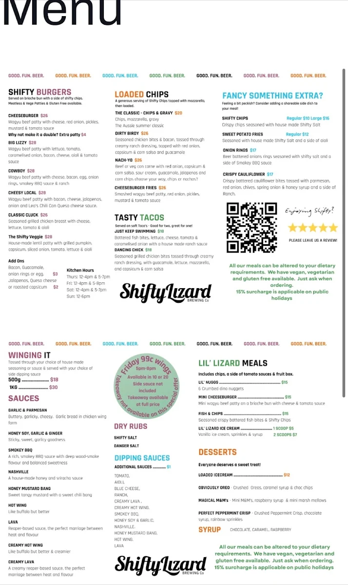 Menu, Shifty Lizard Brewing Co.
