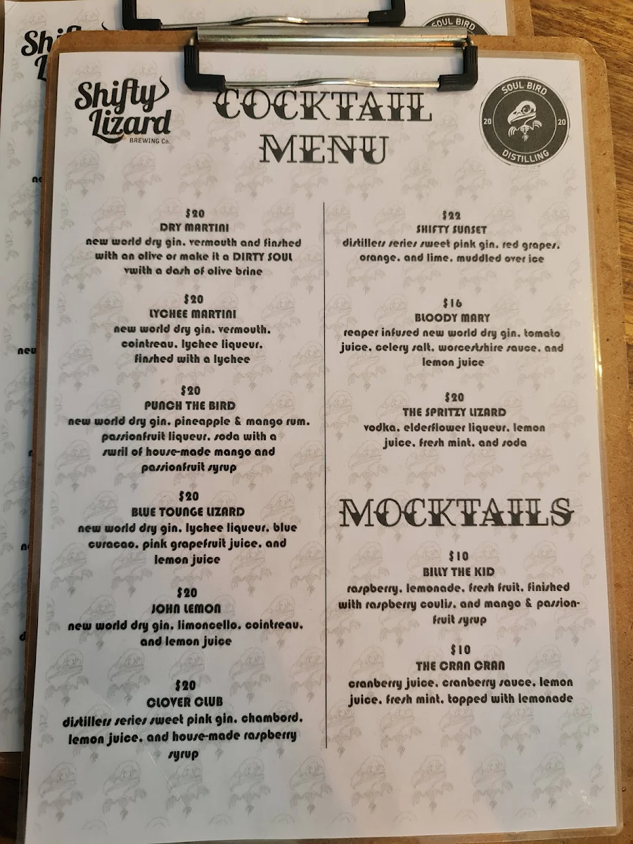 Menu, Shifty Lizard Brewing Co.