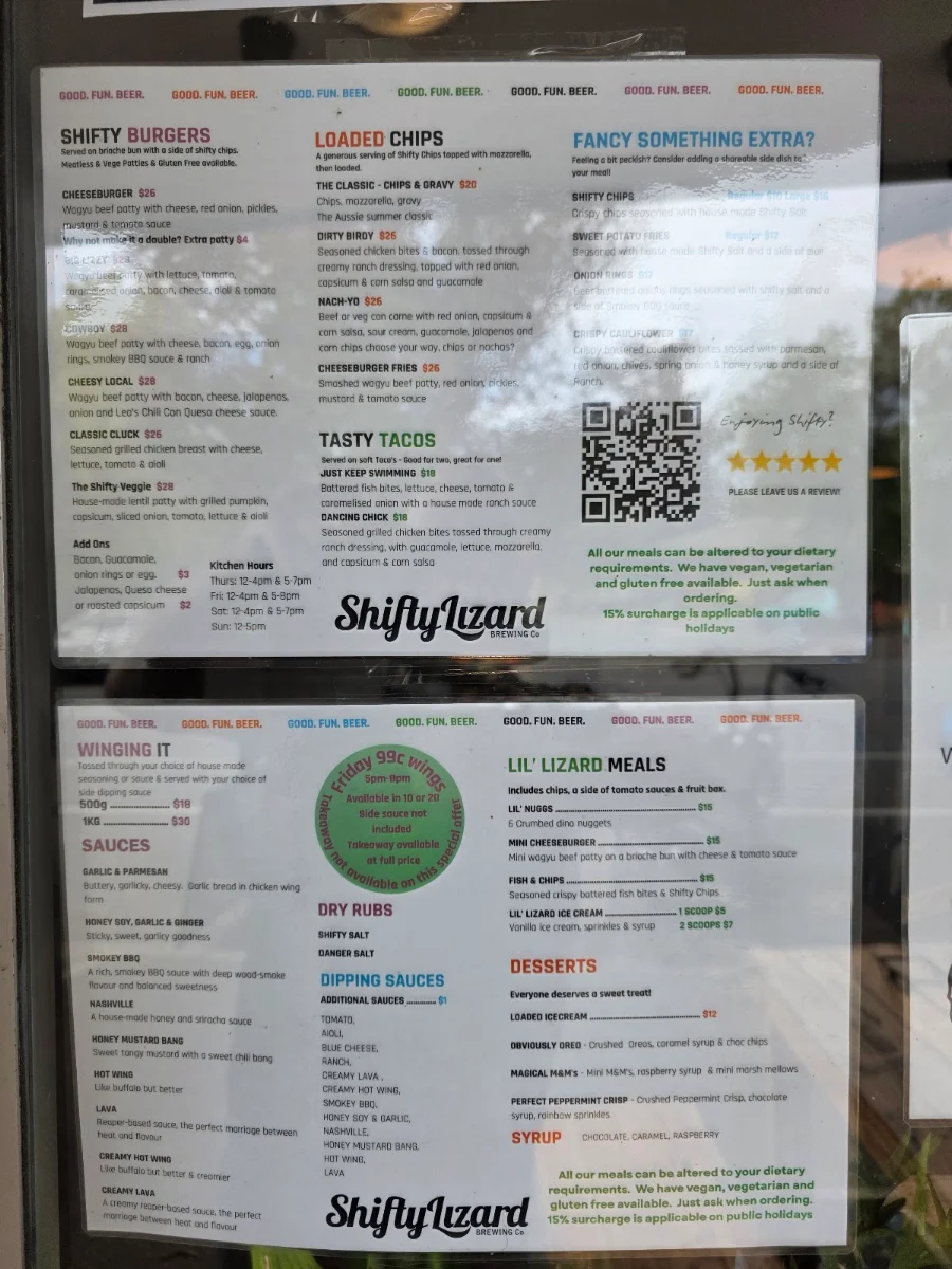 Menu, Shifty Lizard Brewing Co.