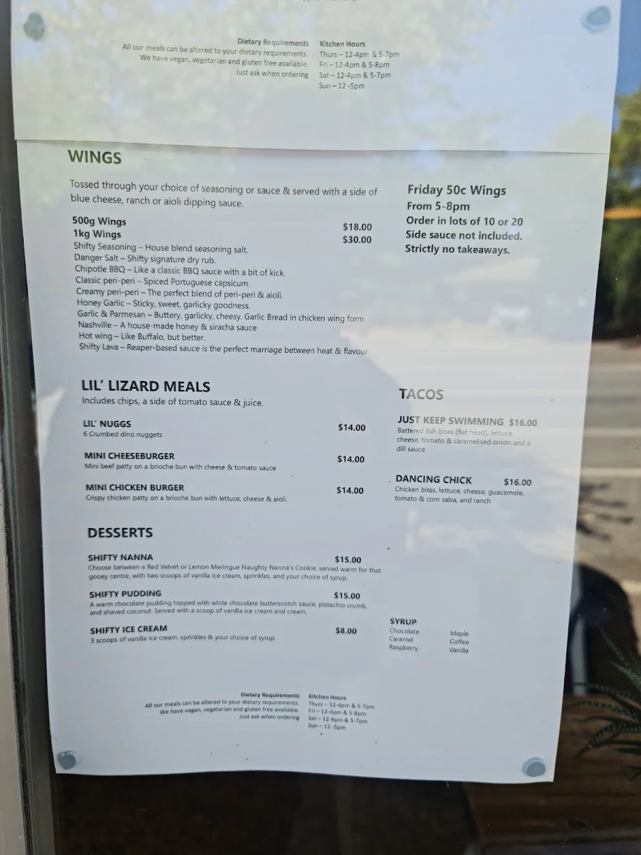 Menu, Shifty Lizard Brewing Co.