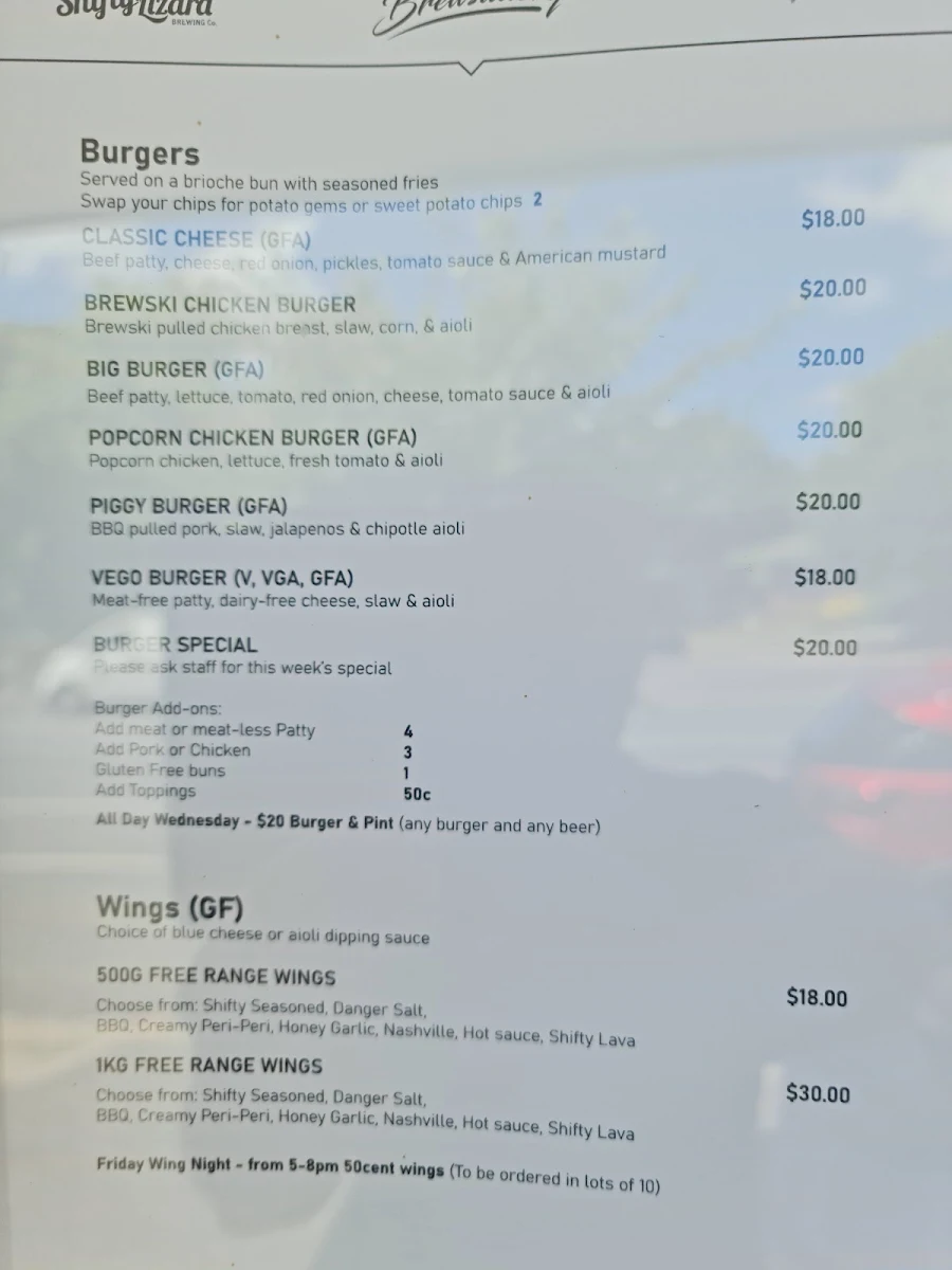 Menu, Shifty Lizard Brewing Co.