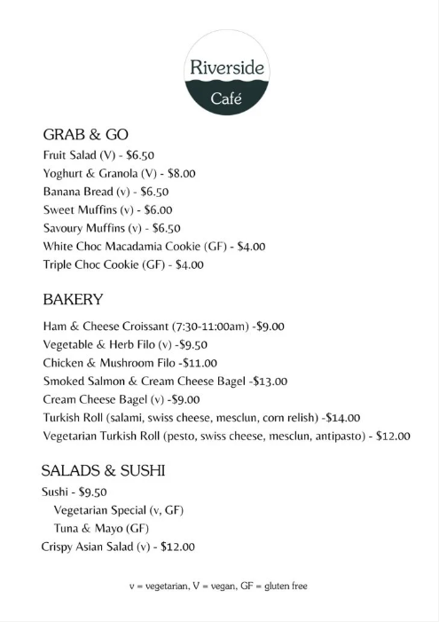 Menu, Riverside Cafe