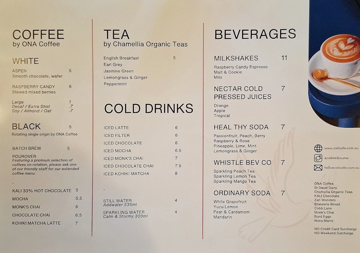 Menu, CIEL Cafe