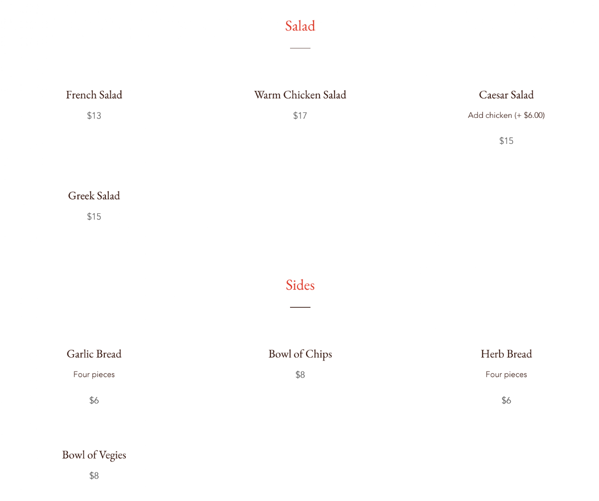 Menu, House of Salad