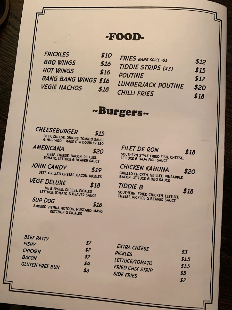 Menu, The Beaver Dining Parlour