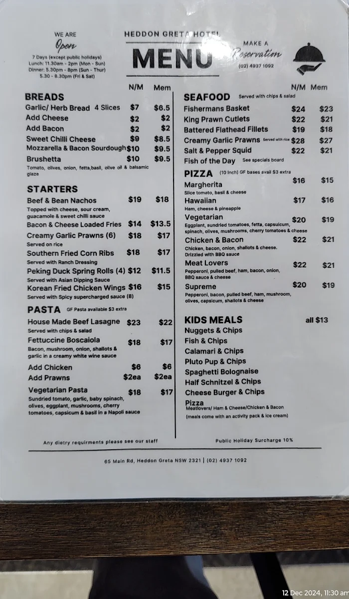 Menu, Heddon Greta Hotel