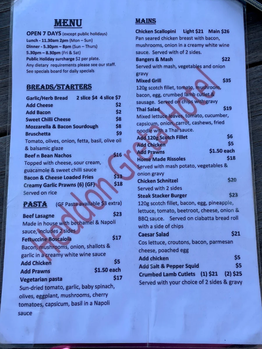 Menu, Heddon Greta Hotel