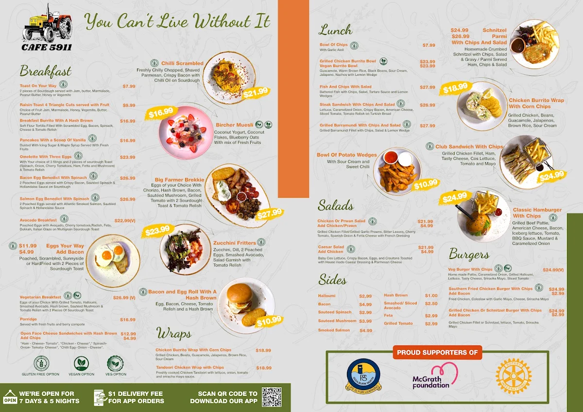 Menu, Cafe 5911 Goulburn